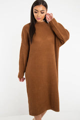 Brown Chunky Knit Slash Neck Jumper Dress - Hessie-Dresses