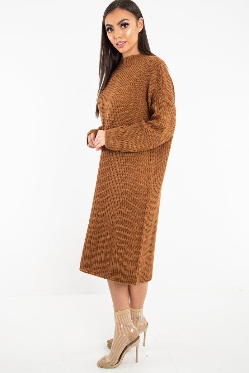 Brown Chunky Knit Slash Neck Jumper Dress - Hessie-Dresses