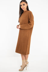 Brown Chunky Knit Slash Neck Jumper Dress - Hessie-Dresses