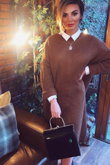 Brown Chunky Knit Slash Neck Jumper Dress - Hessie-Dresses