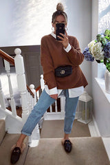 Brown Chunky Knit Slash Neck Jumper Dress - Hessie-Dresses