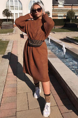 Brown Chunky Knit Slash Neck Jumper Dress - Hessie-Dresses