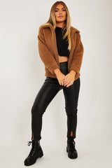 Brown Collar Zip Front Borg Teddy Jacket - Kaleah-Jackets