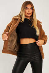 Brown Collar Zip Front Borg Teddy Jacket - Kaleah-Jackets