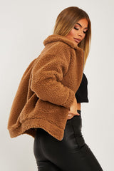 Brown Collar Zip Front Borg Teddy Jacket - Kaleah-Jackets