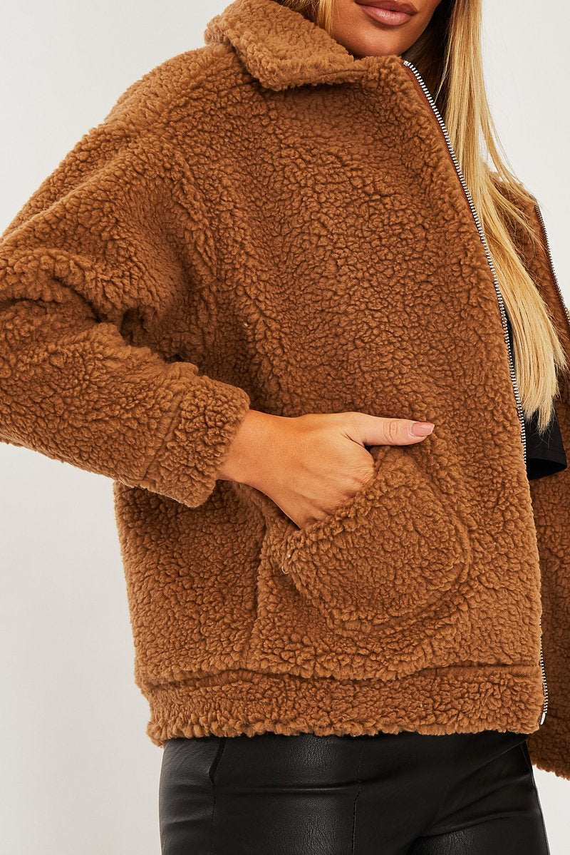 Brown Collar Zip Front Borg Teddy Jacket - Kaleah-Jackets
