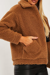 Brown Collar Zip Front Borg Teddy Jacket - Kaleah-Jackets