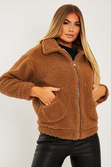 Brown Collar Zip Front Borg Teddy Jacket - Kaleah-Jackets