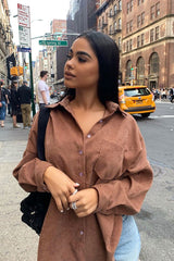 Brown Corduroy Button Front Oversized Shirt - Kyrah-Shirts