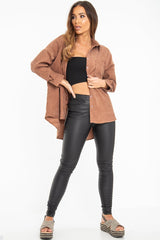 Brown Corduroy Button Front Oversized Shirt - Kyrah-Shirts