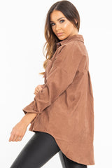 Brown Corduroy Button Front Oversized Shirt - Kyrah-Shirts