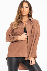 Brown Corduroy Button Front Oversized Shirt - Kyrah-Shirts