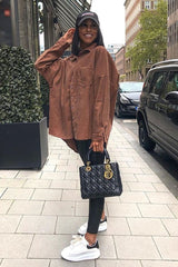 Brown Corduroy Button Front Oversized Shirt - Kyrah-Shirts