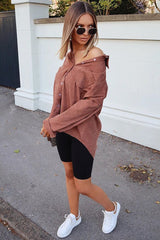 Brown Corduroy Button Front Oversized Shirt - Kyrah-Shirts