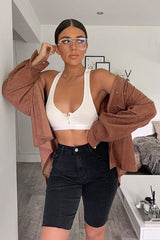 Brown Corduroy Button Front Oversized Shirt - Kyrah-Shirts