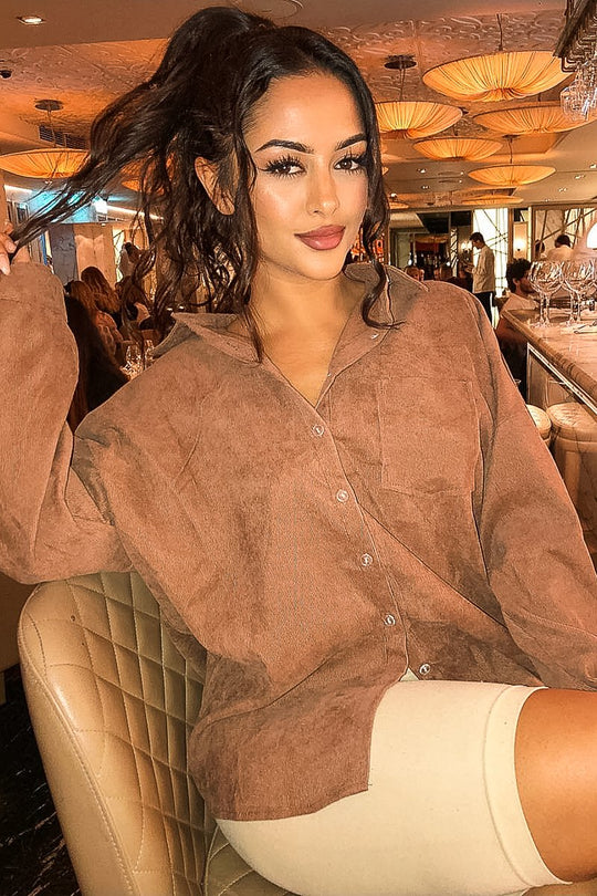 Brown Corduroy Button Front Oversized Shirt - Kyrah