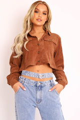 Brown Corduroy Utility Pocket Cropped Shirt - Eliora-Shirts