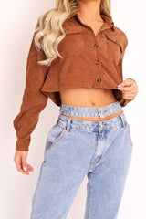 Brown Corduroy Utility Pocket Cropped Shirt - Eliora-Shirts