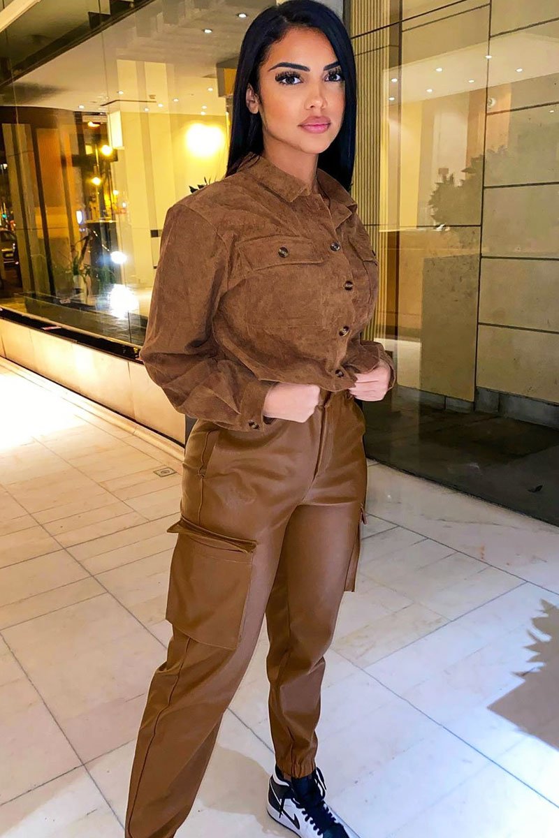 Brown Corduroy Utility Pocket Cropped Shirt - Eliora-Shirts