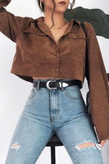 Brown Corduroy Utility Pocket Cropped Shirt - Eliora-Shirts
