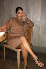Brown Dipped Hem Oversized Shirt Dress - Nicola-Dresses