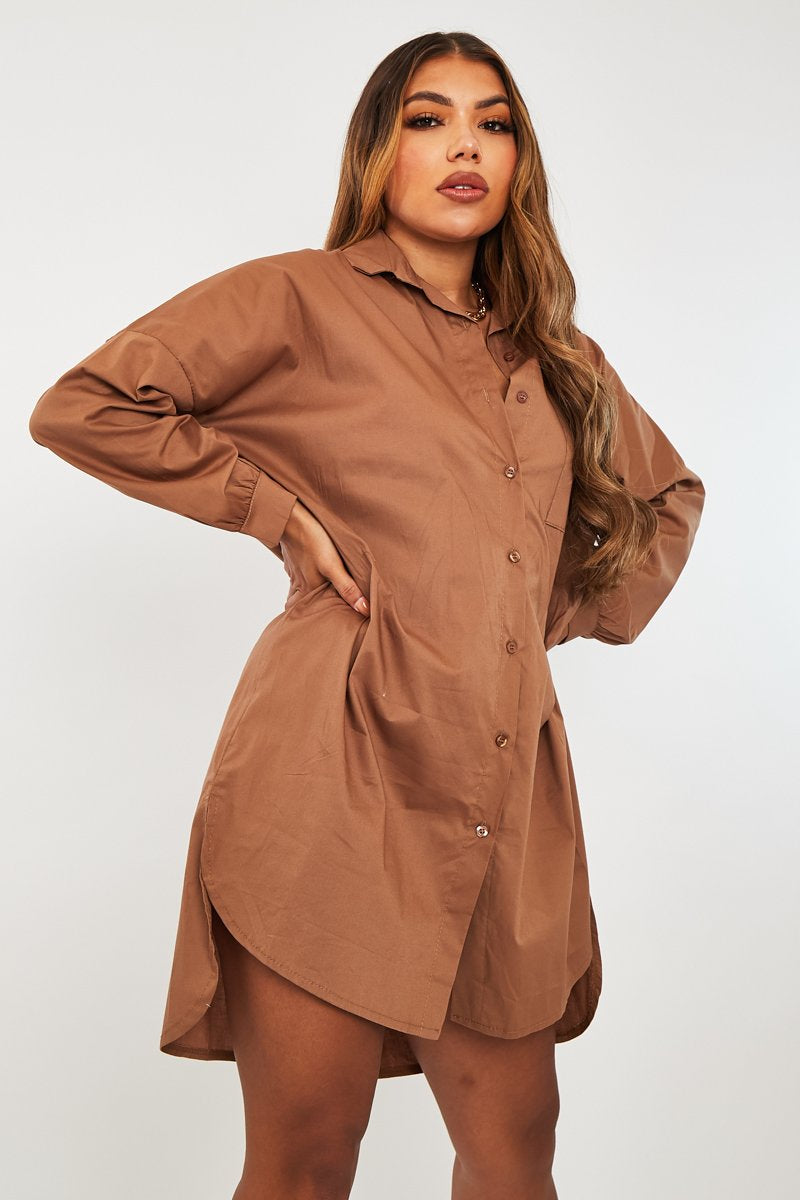 Brown Dipped Hem Oversized Shirt Dress - Nicola-Dresses
