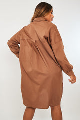 Brown Dipped Hem Oversized Shirt Dress - Nicola-Dresses