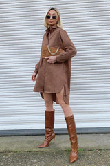 Brown Dipped Hem Oversized Shirt Dress - Nicola-Dresses