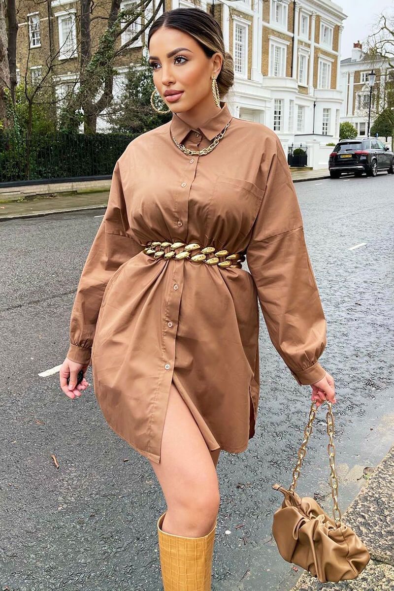 Brown Dipped Hem Oversized Shirt Dress - Nicola-Dresses