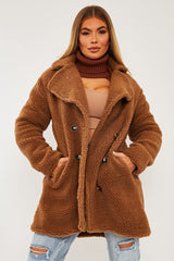 Brown Double Breasted Button Front Teddy Coat - Maizee-Coats
