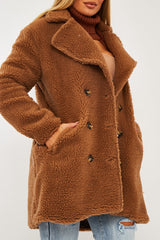 Brown Double Breasted Button Front Teddy Coat - Maizee-Coats