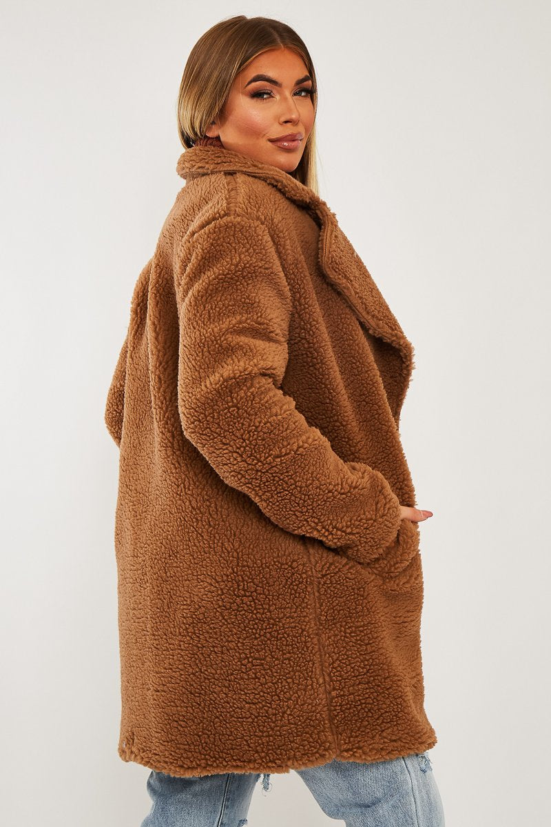 Brown Double Breasted Button Front Teddy Coat - Maizee-Coats