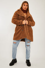 Brown Double Breasted Button Front Teddy Coat - Maizee-Coats
