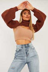Brown Extreme Cut Out High Neck Jumper - Nihara-Jumper
