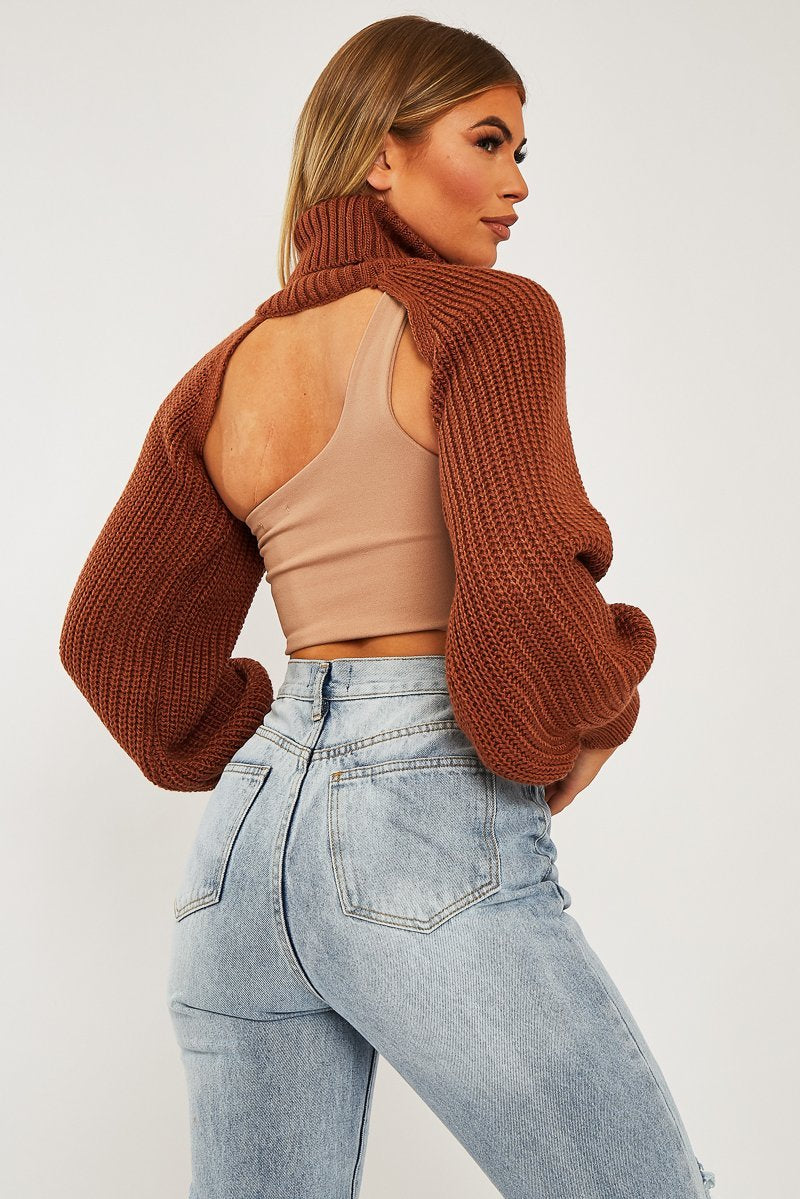 Brown Extreme Cut Out High Neck Jumper - Nihara-Jumper