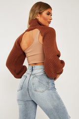 Brown Extreme Cut Out High Neck Jumper - Nihara-Jumper