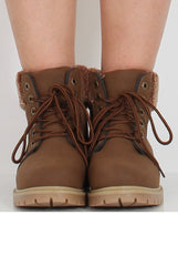 Brown Faux Fur Trim Hiker Boots - Teddy-Boots