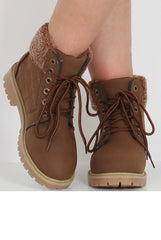 Brown Faux Fur Trim Hiker Boots - Teddy-Boots