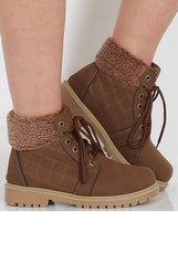 Brown Faux Fur Trim Hiker Boots - Teddy-Boots