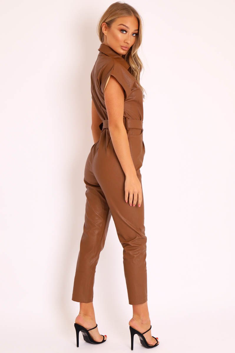 Brown Faux Leather Belted Short Sleeve Jumpsuit - Ryenne-Jumpsuits