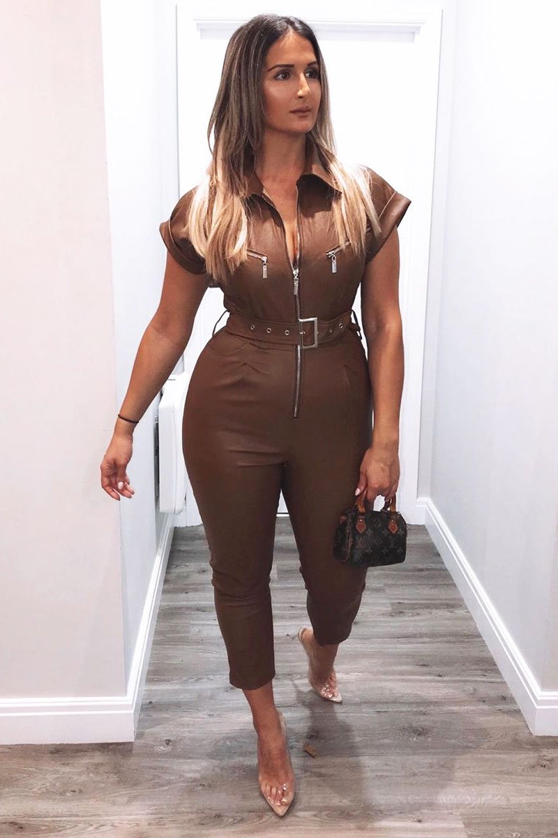 Brown Faux Leather Belted Short Sleeve Jumpsuit - Ryenne-Jumpsuits
