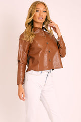Brown Faux Leather Button Up Shirt - Bellarae-Shirts