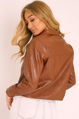 Brown Faux Leather Button Up Shirt - Bellarae-Shirts