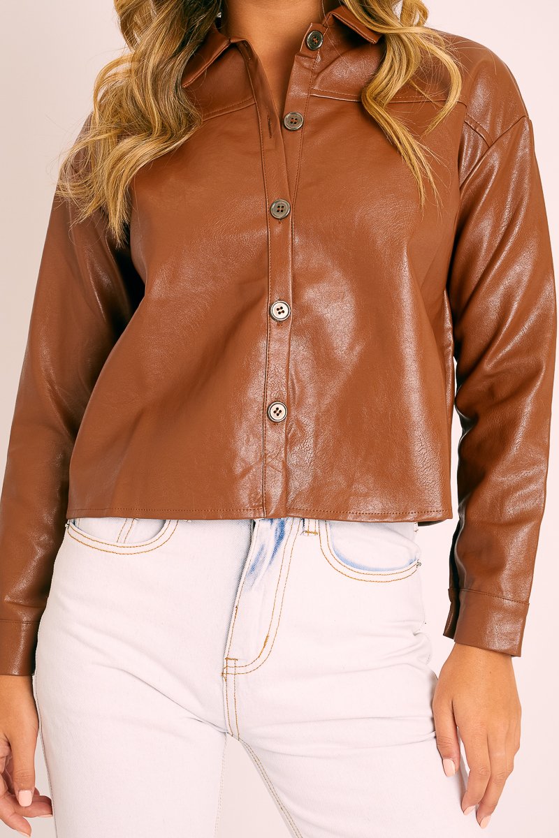 Brown Faux Leather Button Up Shirt - Bellarae-Shirts