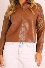 Brown Faux Leather Button Up Shirt - Bellarae-Shirts