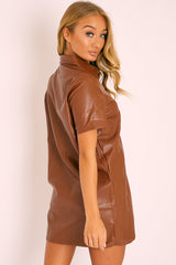 Brown Faux Leather Button Up Shirt Dress - Alba-Dresses