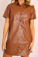 Brown Faux Leather Button Up Shirt Dress - Alba-Dresses