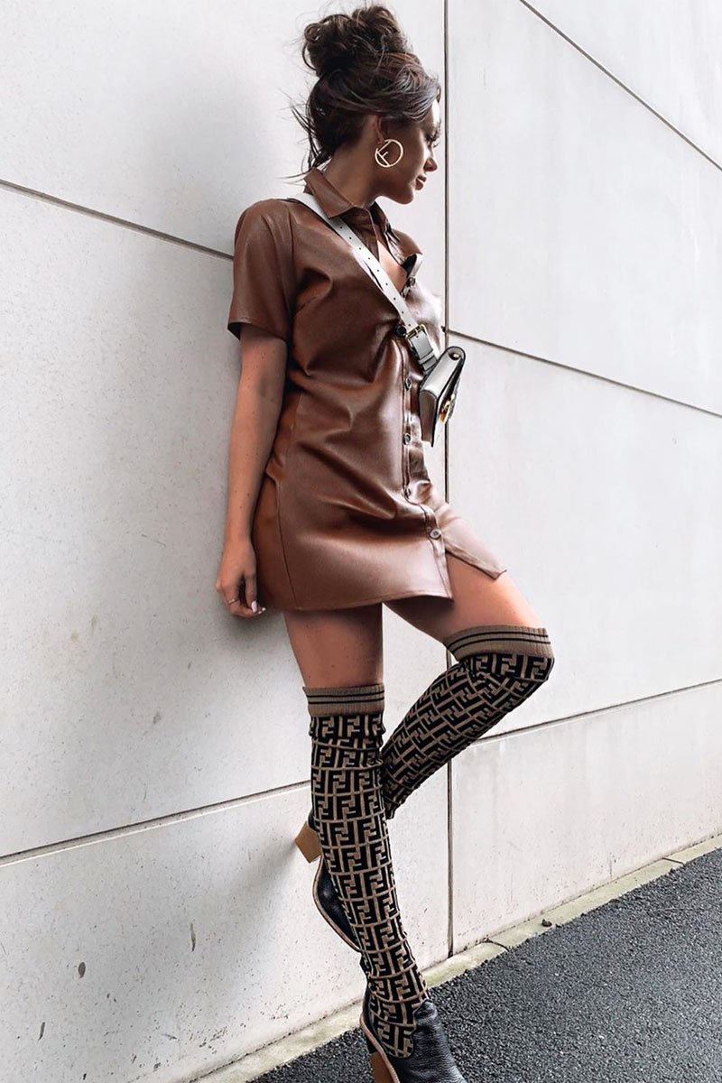 Brown Faux Leather Button Up Shirt Dress - Alba-Dresses