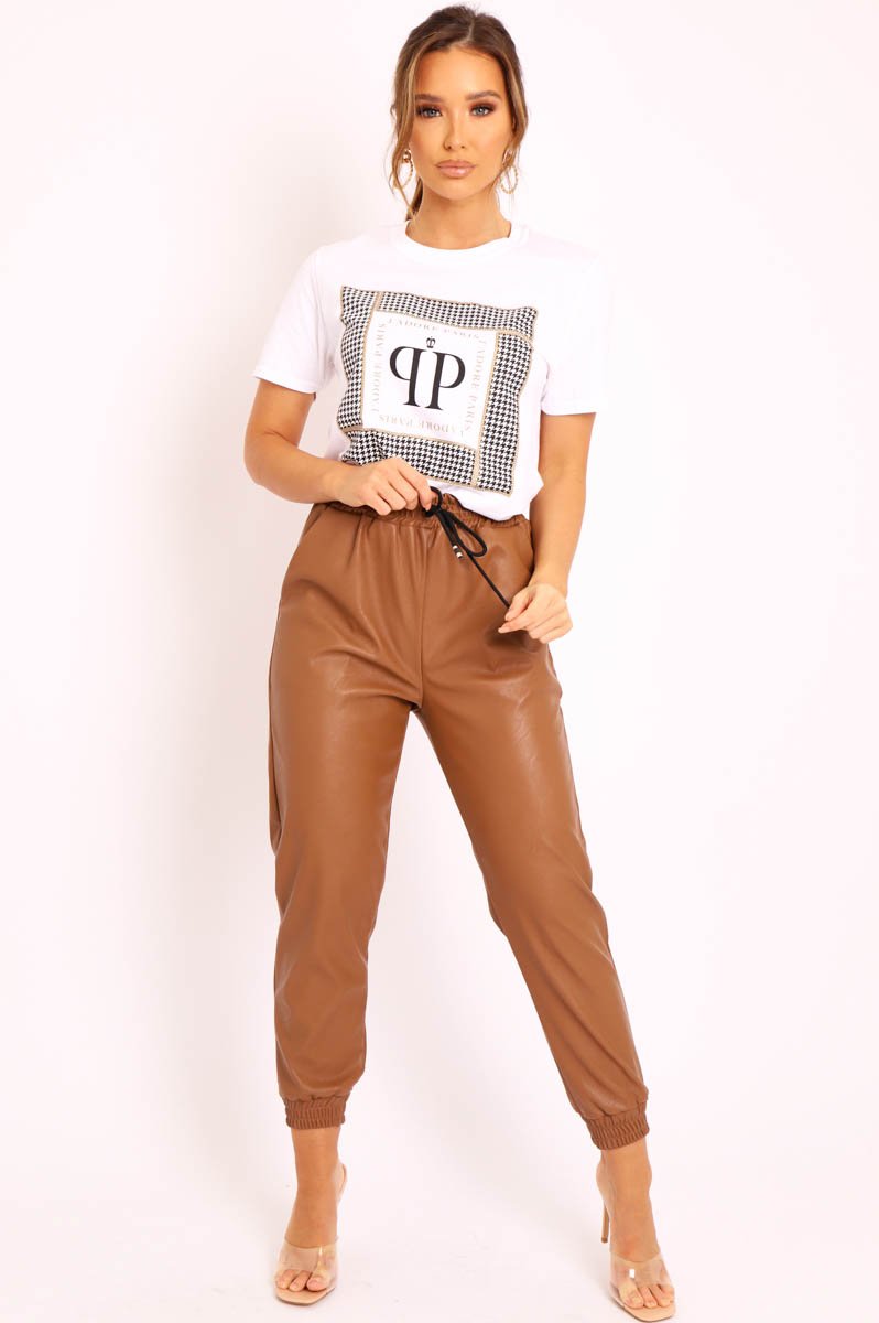 Brown Faux Leather Drawstring Waist Joggers - Persia-Joggers
