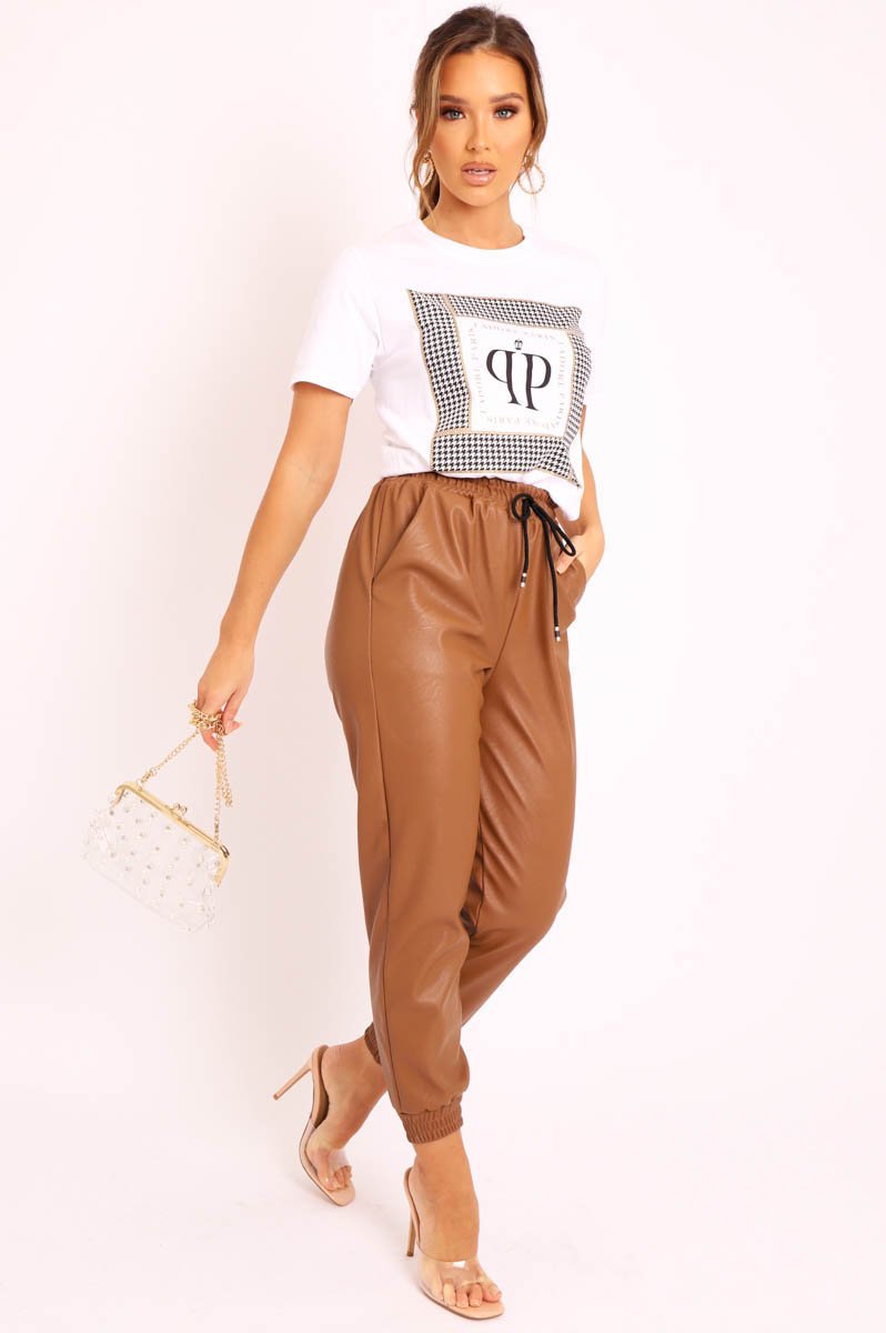 Brown Faux Leather Drawstring Waist Joggers - Persia-Joggers